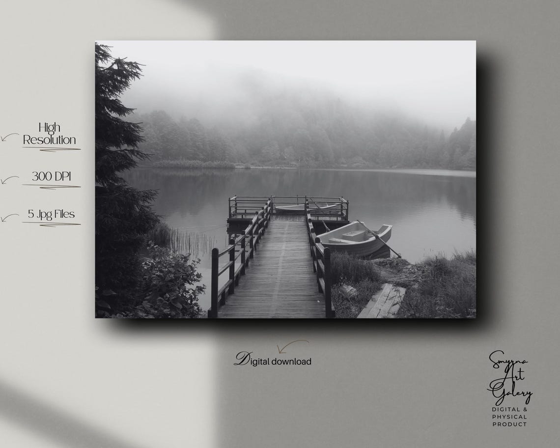 Misty Lake Dock Foggy Forest Black and White Nature Photo Poster