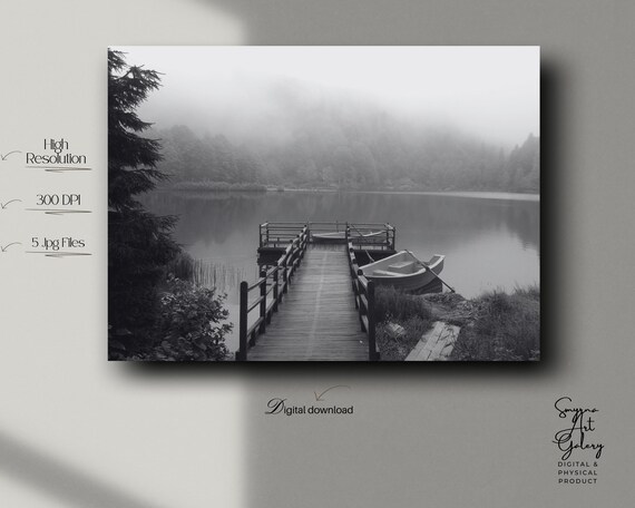 Misty Lake Dock Foggy Forest Black and White Nature Photo Poster