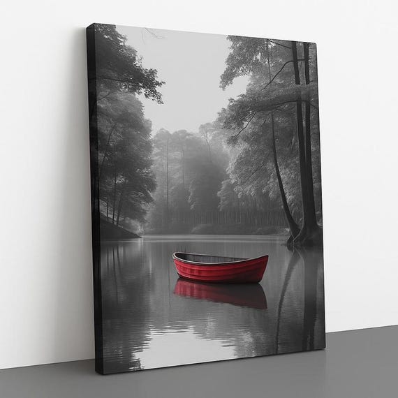 Red Boat On Misty Lake Minimalist Wall Art Print Matte Paper Tranquil Nature Poster Readytoframe Decor