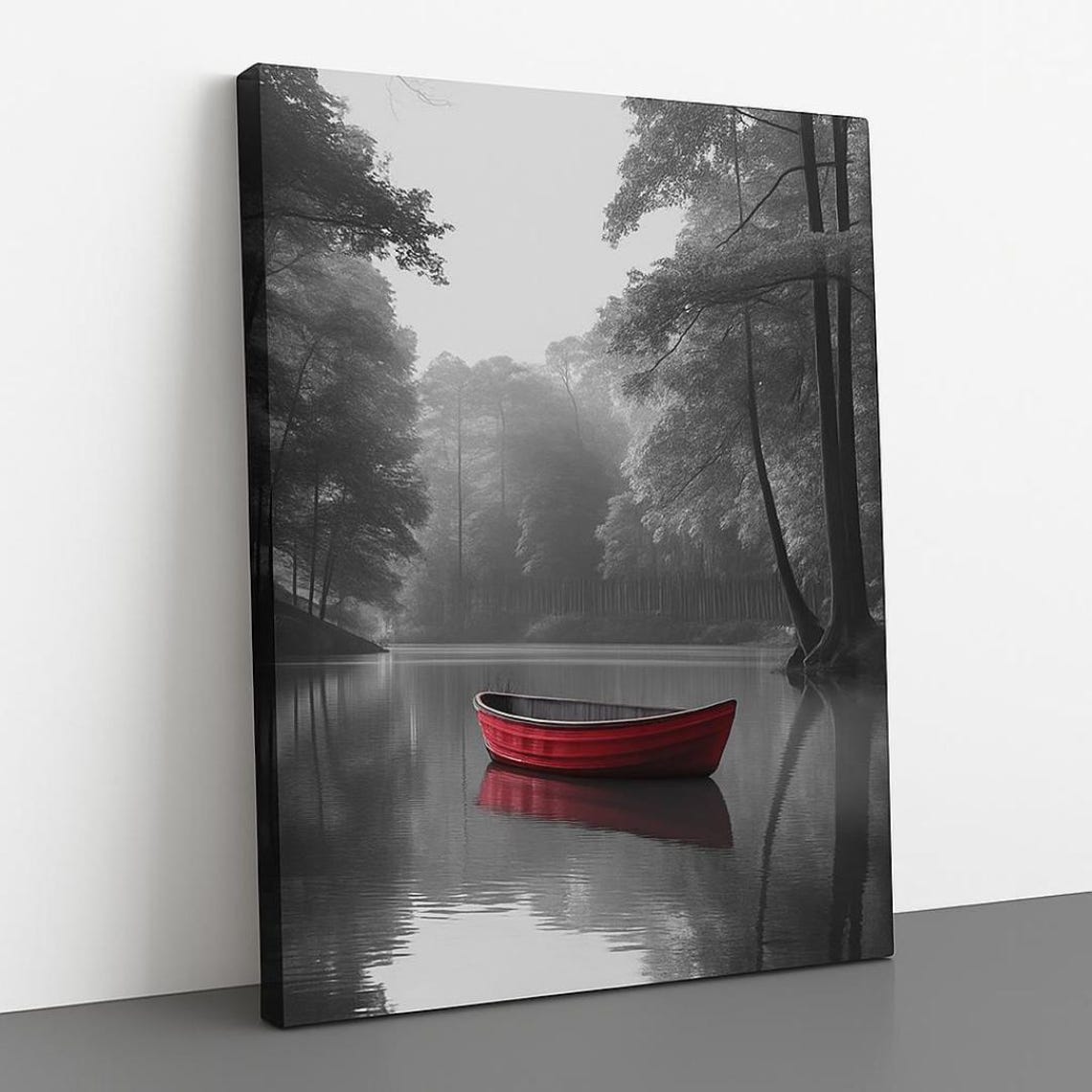 Red Canoe Misty Forest Lake Black White Color Splash Wall Art