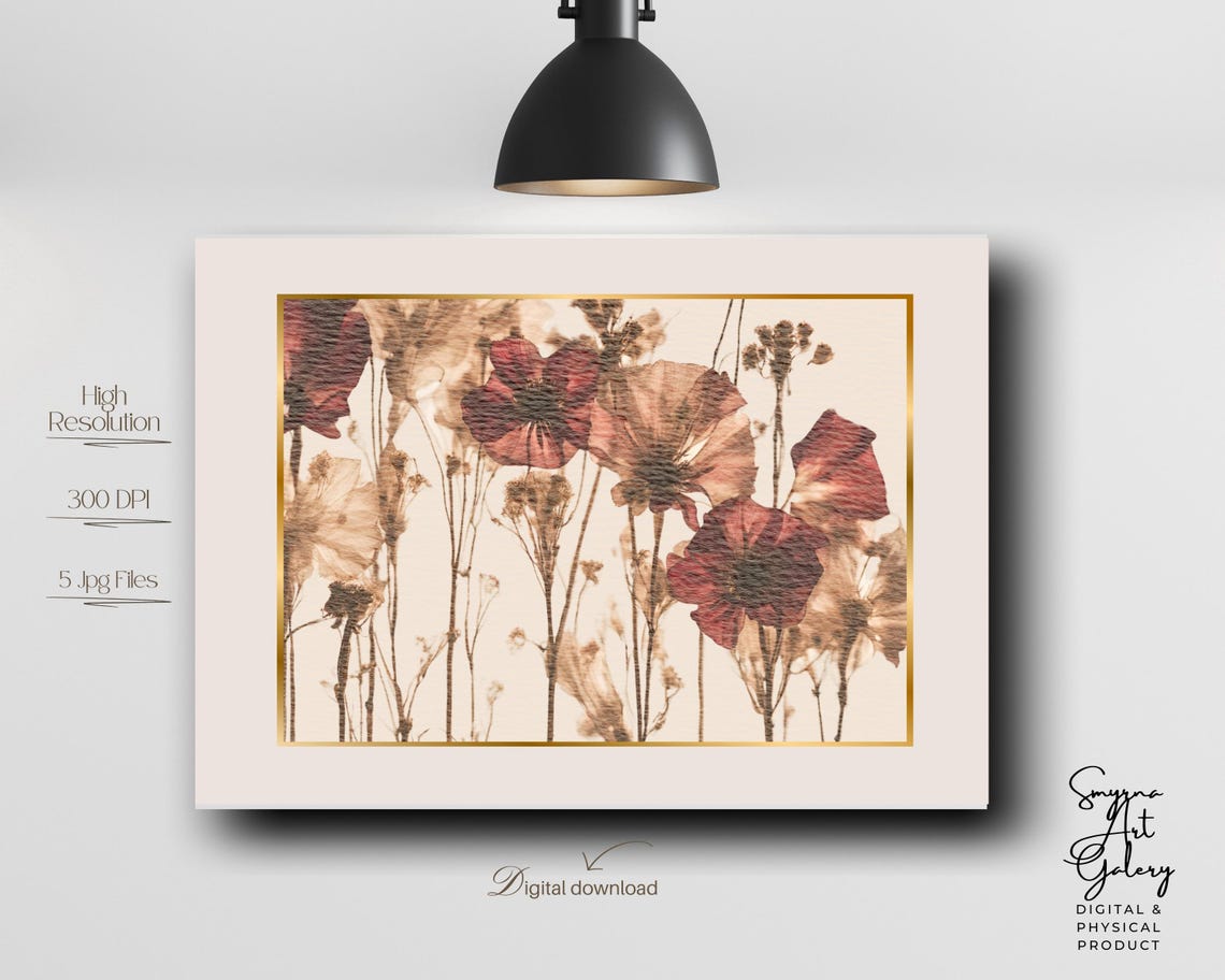Beige Poppy Watercolor Floral Botanical Pressed Style Neutral Wall Art