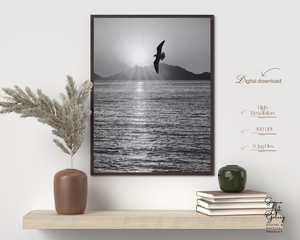 Seagull Silhouette Over Sunlit Ocean Monochrome Coastal Photography Poster