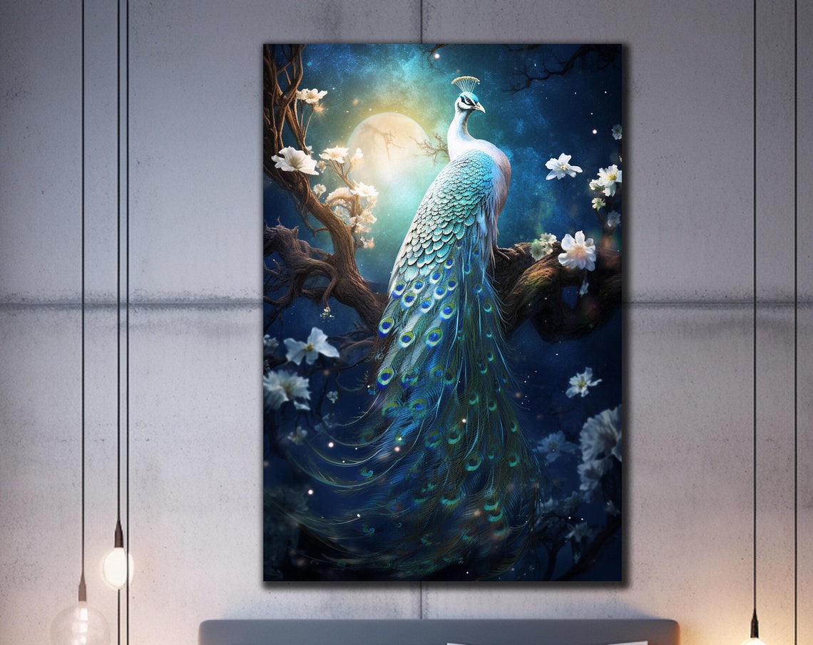 White Peacock Moonlight Night Blossom Tree Elegant Animal Wall Poster
