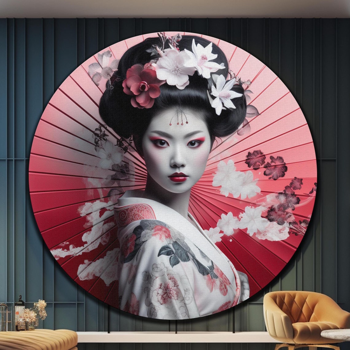 Geisha Portrait Round Red Fan Cherry Blossom Kimono Wall Art Poster