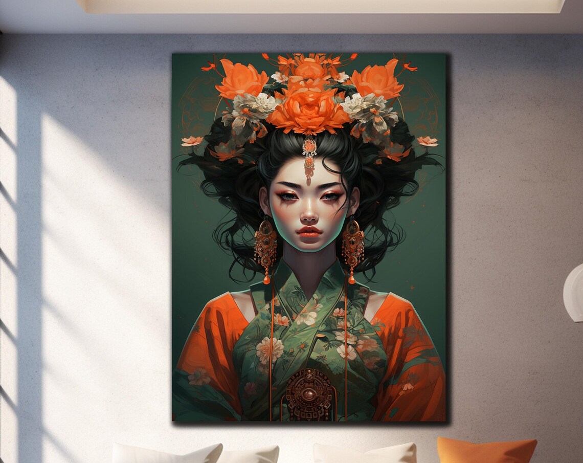 Floral Crown Beauty Green Kimono Teal Painterly Portrait Art Poster