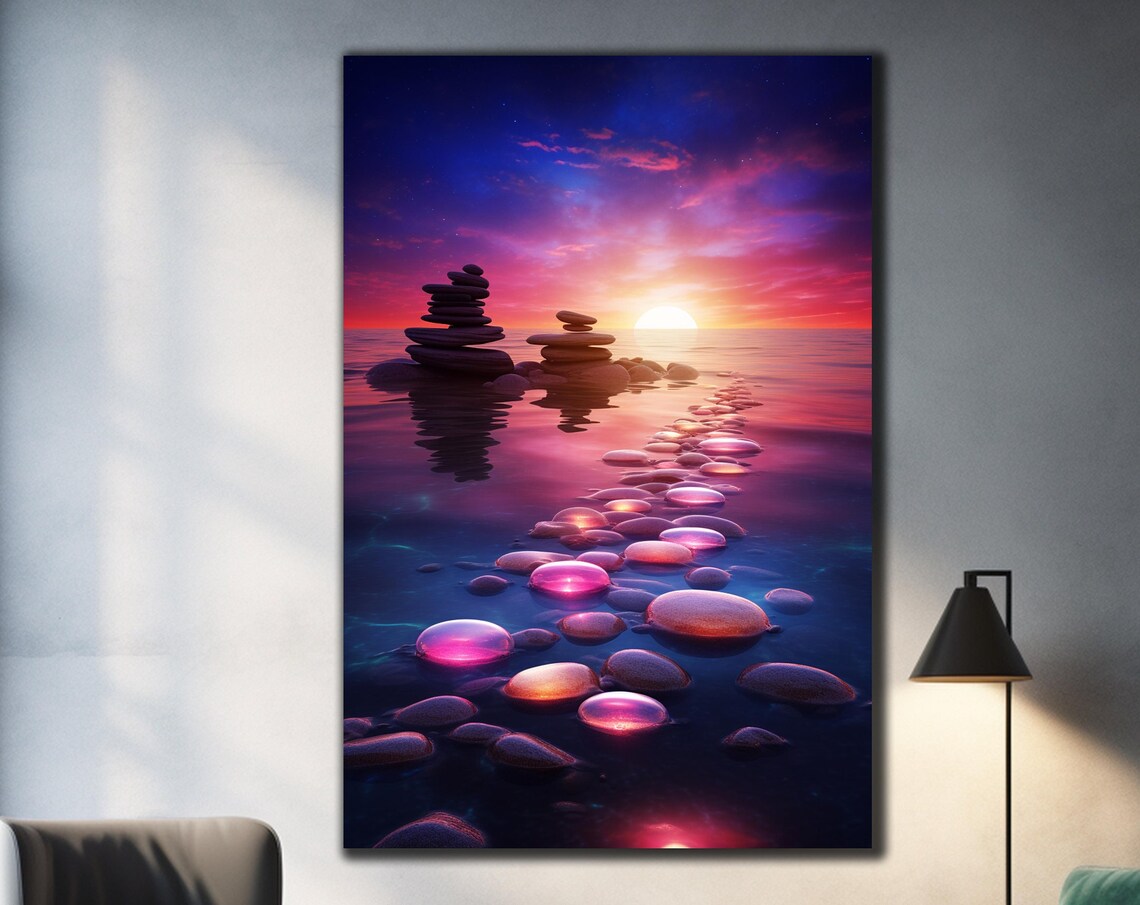 Zen Stone Cairns Sunset Glowing Pebbles Calm Water Spa Travel Poster