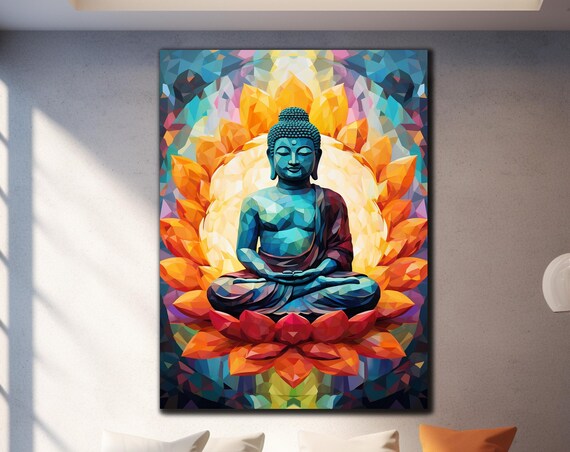 Meditating Buddha Lotus Geometric Mosaic Colorful Zen Art Wall Poster