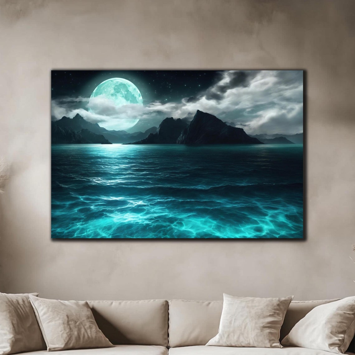 Full Moon Ocean Night Waves Mountain Silhouette Glass Wall Art Poster