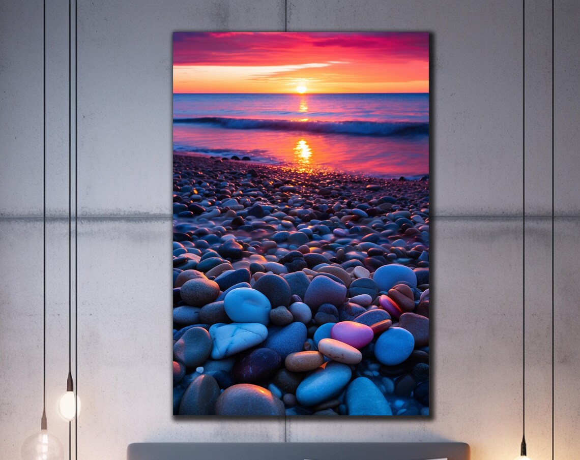 Pebble Beach Sunset Pink Orange Sky Smooth Stones Travel Poster