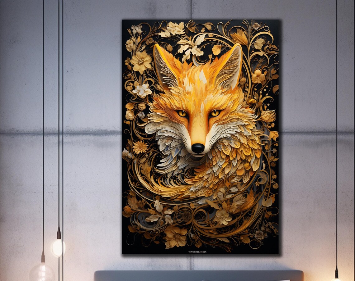 Golden Fox Ornate Floral Black Background Luxury Animal Art Poster