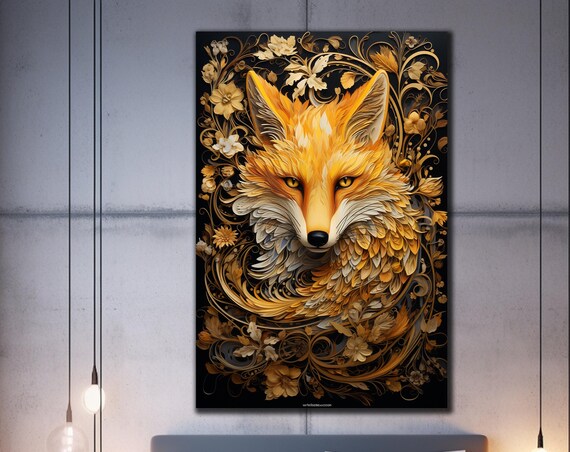 Golden Fox Ornate Floral Black Background Luxury Animal Art Poster