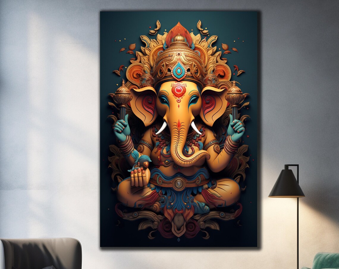 Golden Lord Ganesha Mandala Halo Teal Ornate Hindu Art Wall Poster