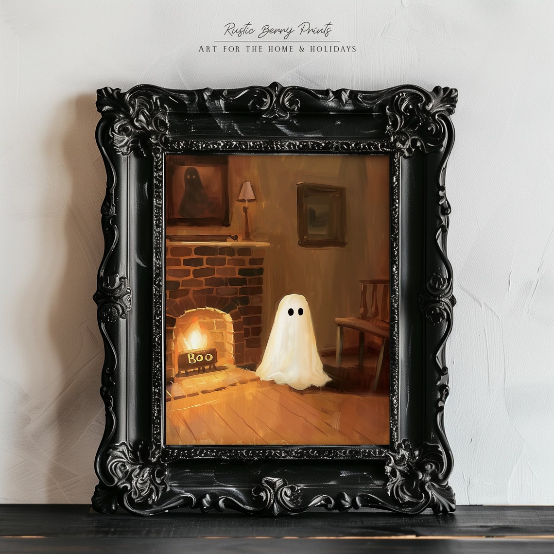 Cute Ghost By Brick Fireplace BOO Sign Cozy Halloween Vintage Wall Art
