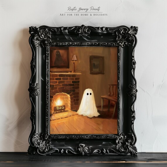 Cute Ghost By Brick Fireplace BOO Sign Cozy Halloween Vintage Wall Art