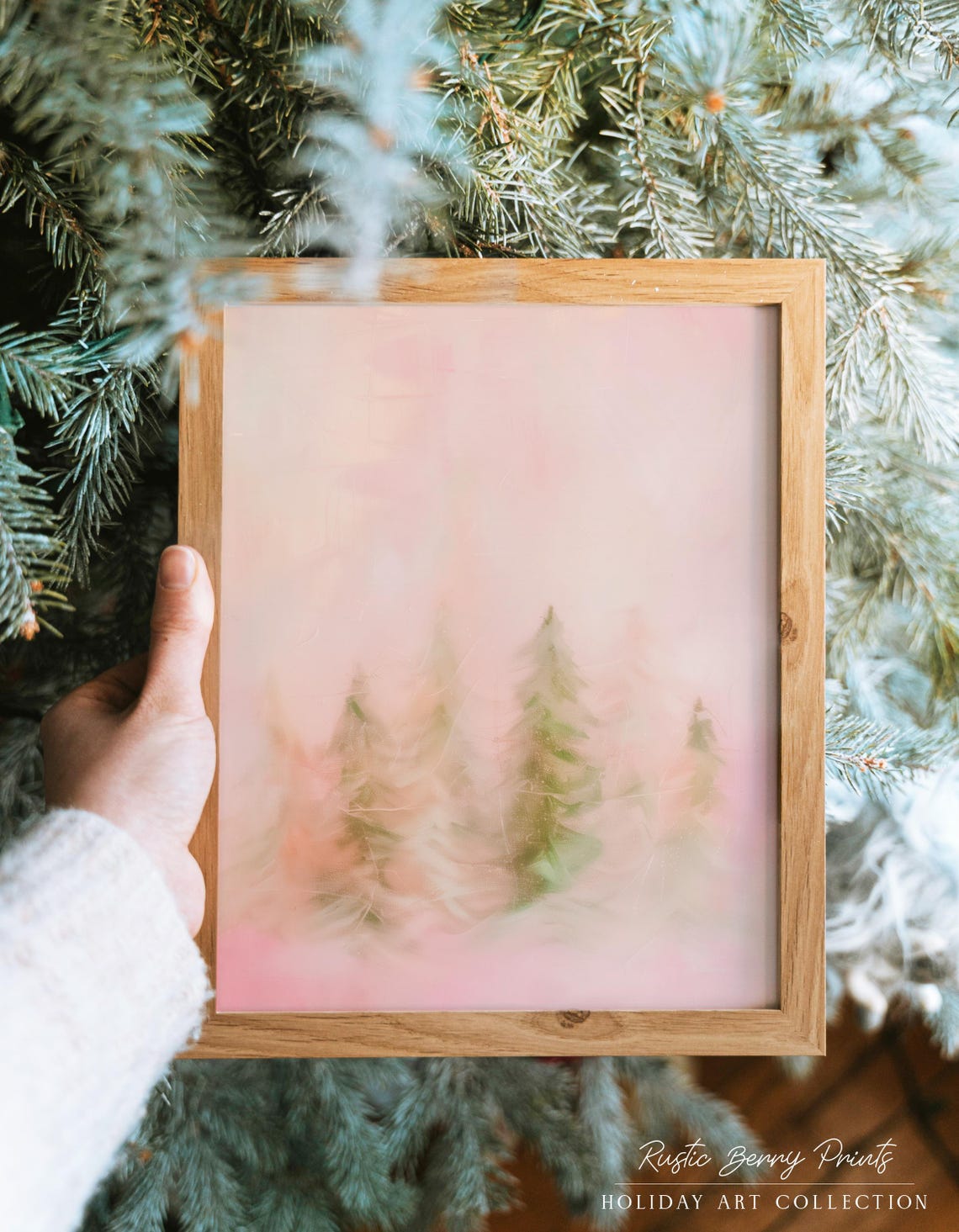 Misty Pink Pine Trees Soft Abstract Winter Forest Wall Art Print