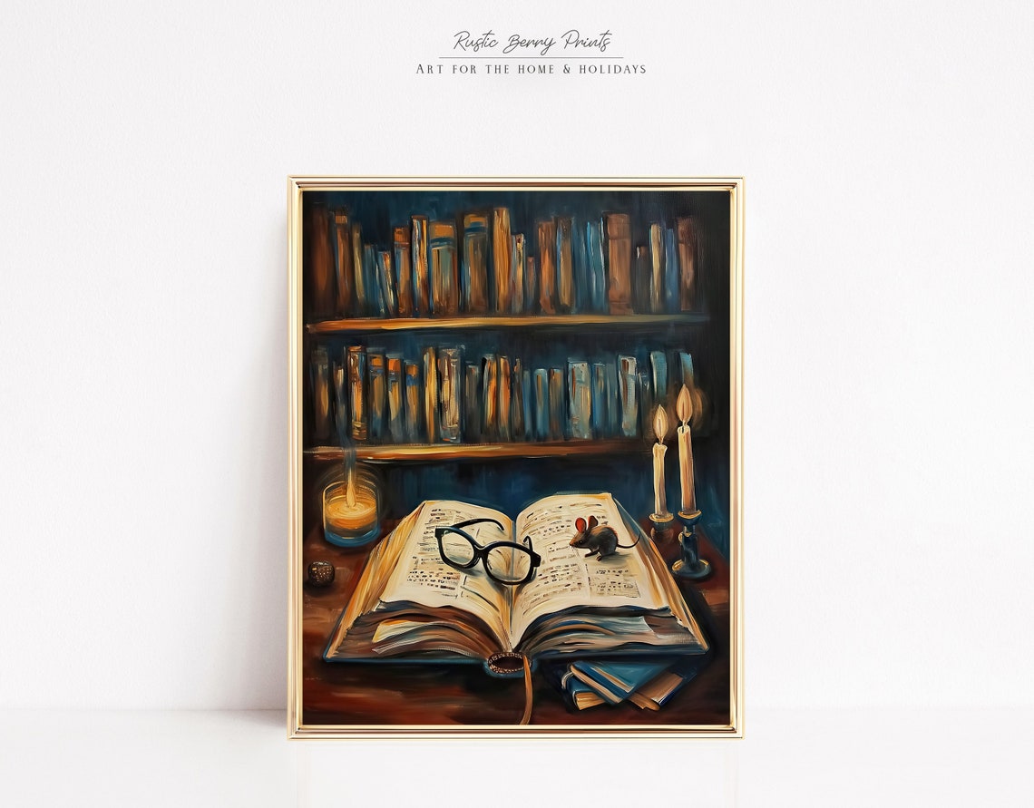 Cute Mouse On Open Book Illustration Art Print Wall Art Library Art Book Lovers Wall Art Vintage Print