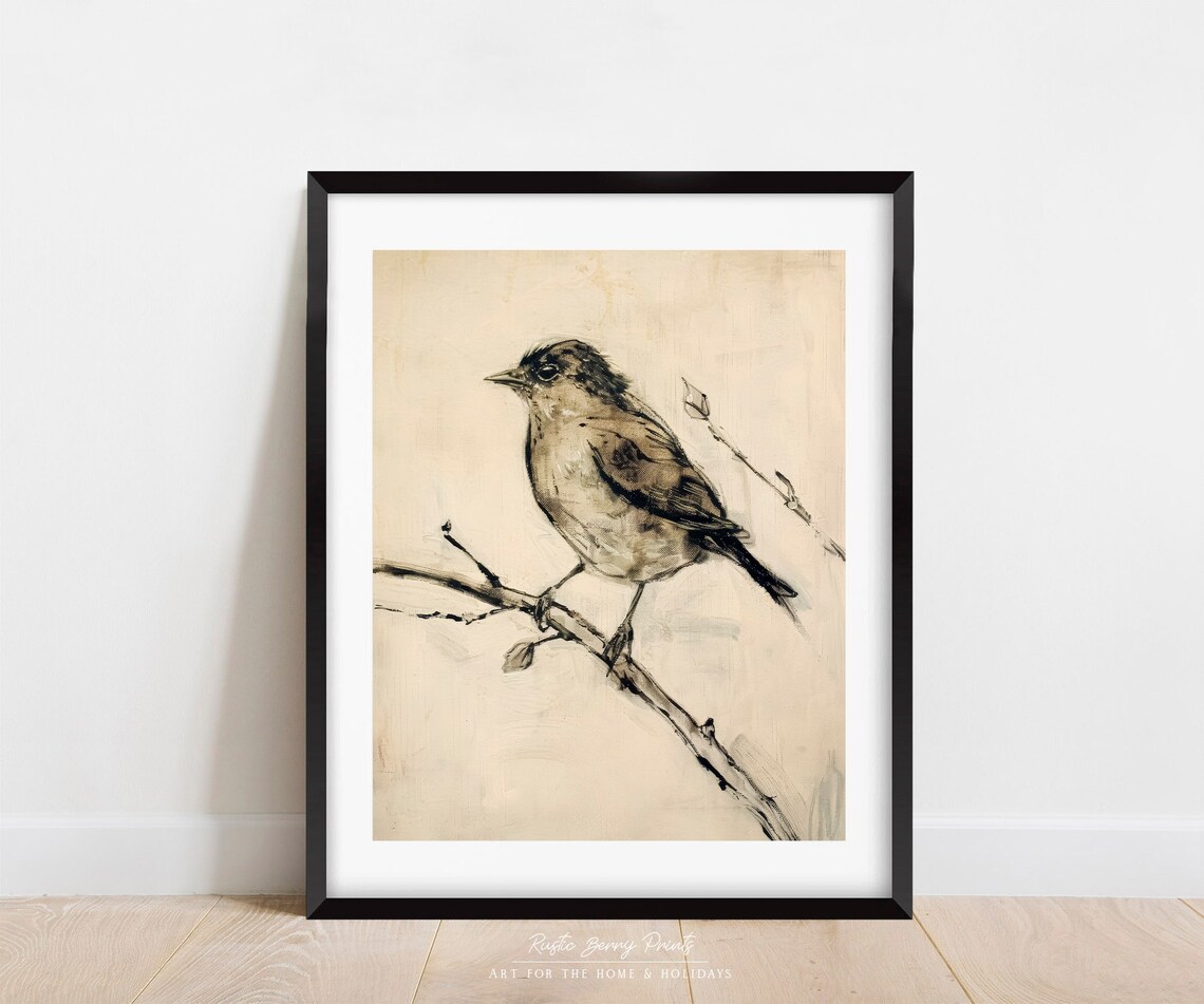 Songbird On Branch Loose Black Ink Wash Sketch Neutral Bird Art Print - Image 3