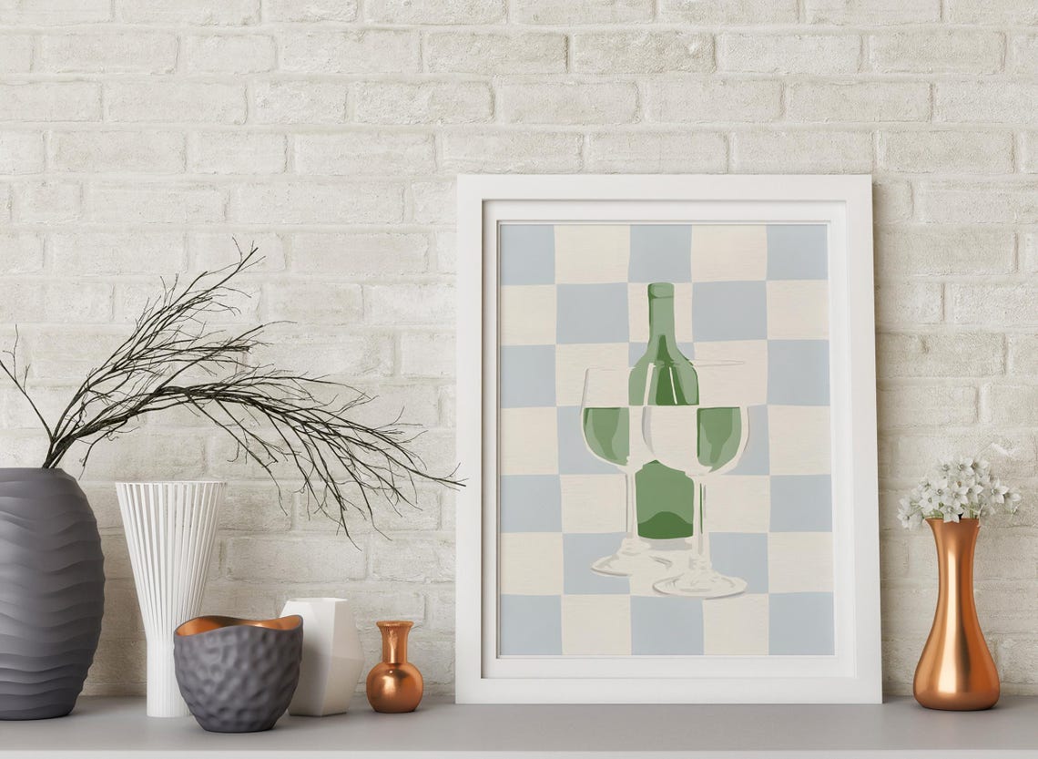 Wine Bottle and Two Glasses on Blue Checkerboard Kitchen Art Poster - Image 3