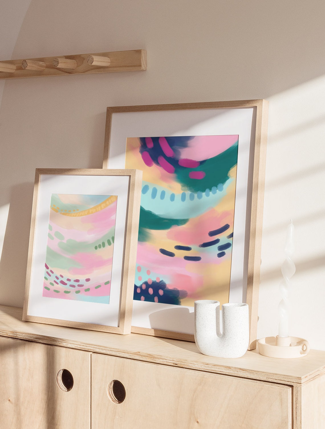 Pink Yellow Blue Waves In Soft Colour Flow Abstract Art Poster - Image 2