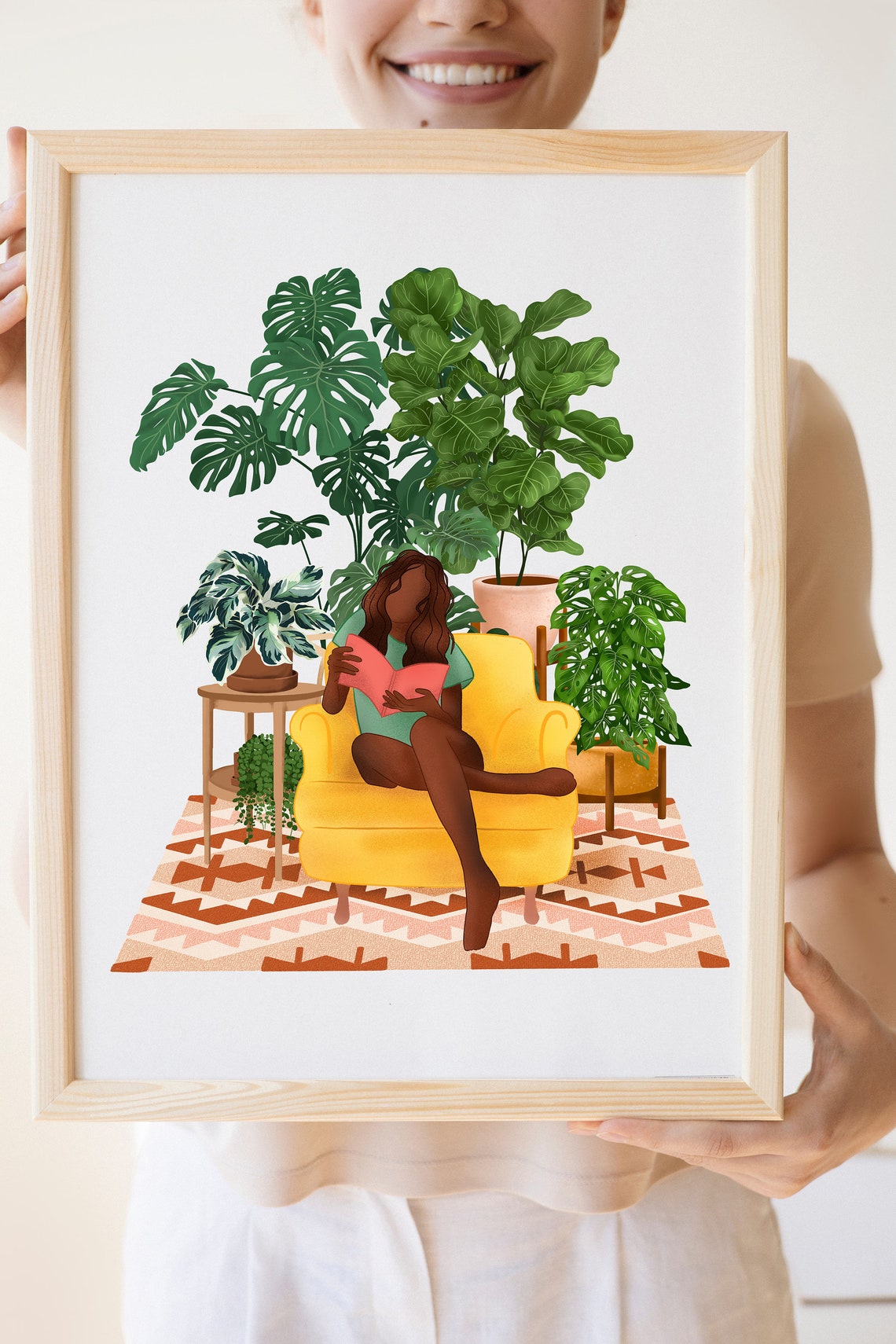 Plant Lady Reading a Pink Book on a Yellow Armchair Botanical Poster - Image 3