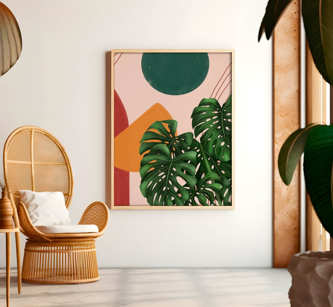 Monstera Leaves Art Print Teal Sun Orange Shapes Pink Decor Piece - Image 2