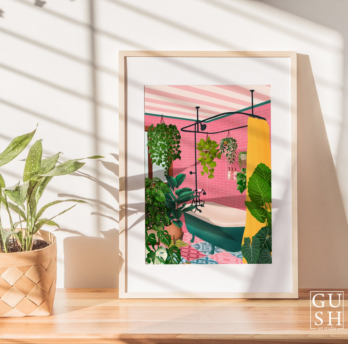 Pink Tiled Bathroom With Clawfoot Tub And Hanging Plants Art Poster - Image 3