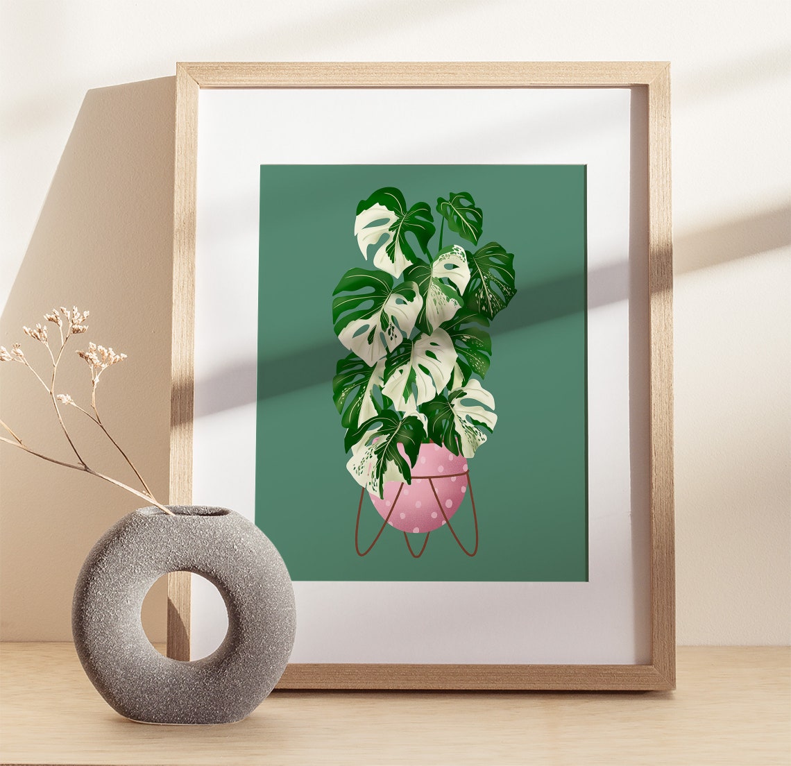 Variegated Monstera Print Pink Dotted Pot Deep Green Background