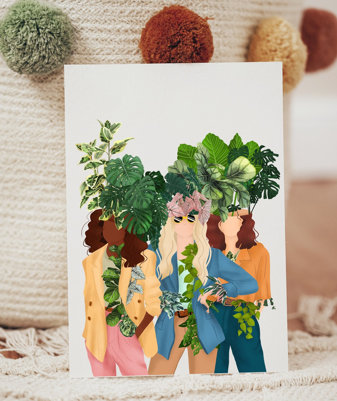 Three Fashion Women Leaf Heads Pink Bow Botanical Group Poster - Image 2