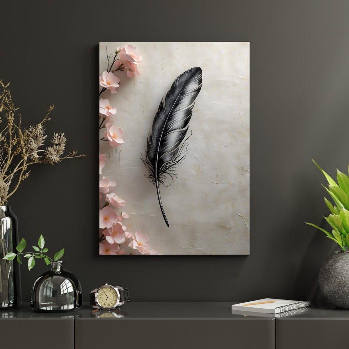 Black Feather Ink Sketch Cherry Blossom Minimalist Hand Drawn Poster