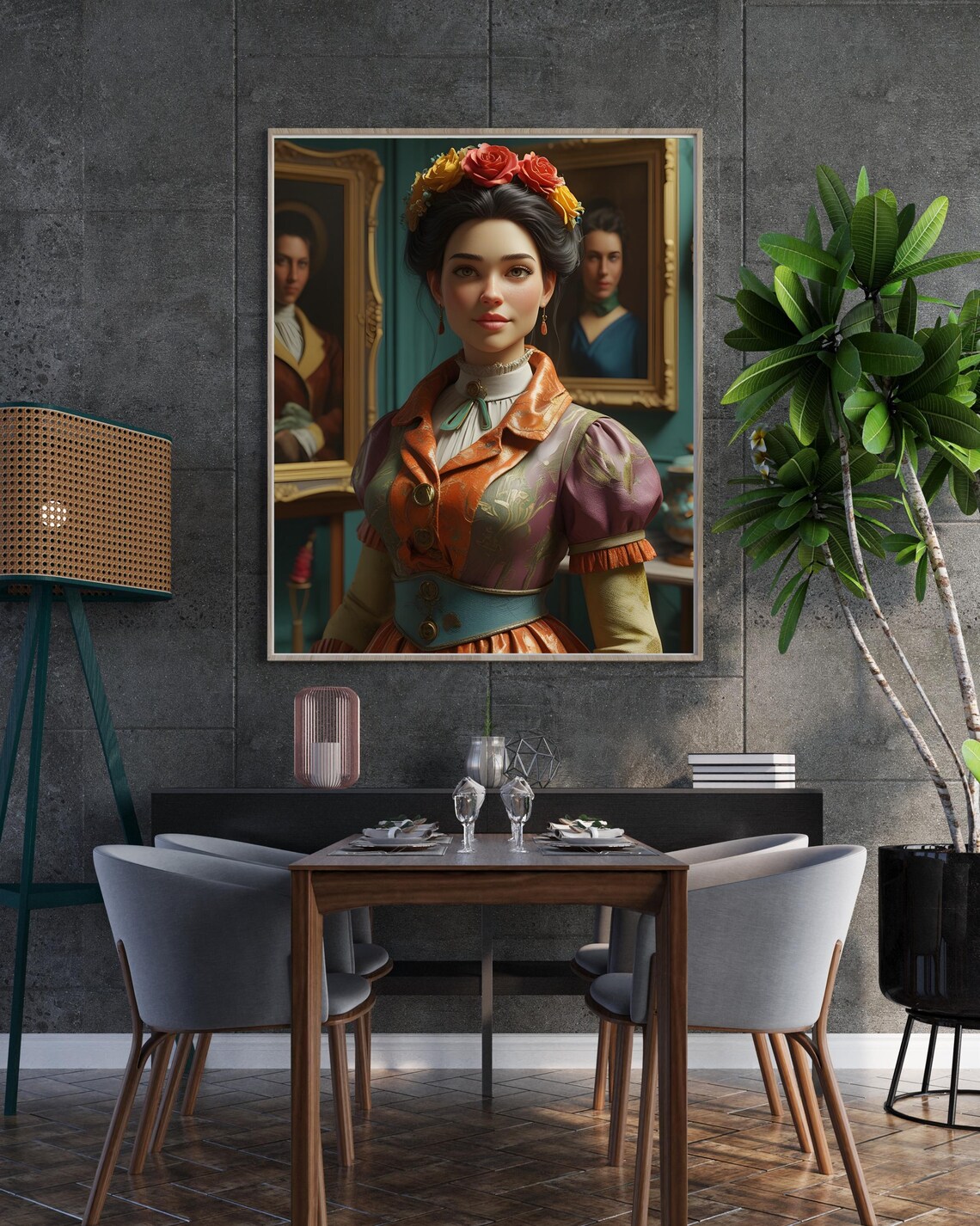 Antique Style Victorian Lady Floral Crown Oil Portrait Wall Art