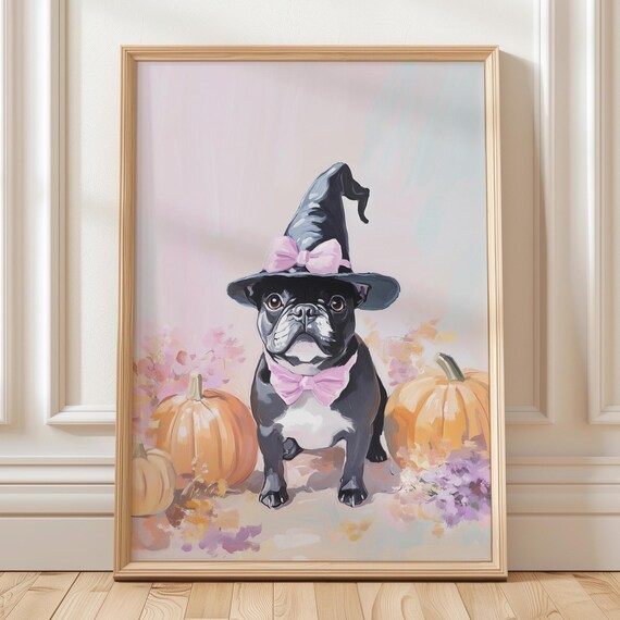 Black French Bulldog Witch Halloween Wall Art Cute Dog In Hat Pumpkin Pastel October Poster Printout