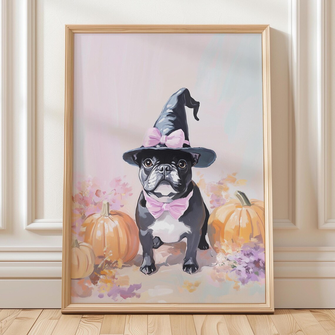 Black French Bulldog Witch Hat Pink Bow Halloween Puppy Poster