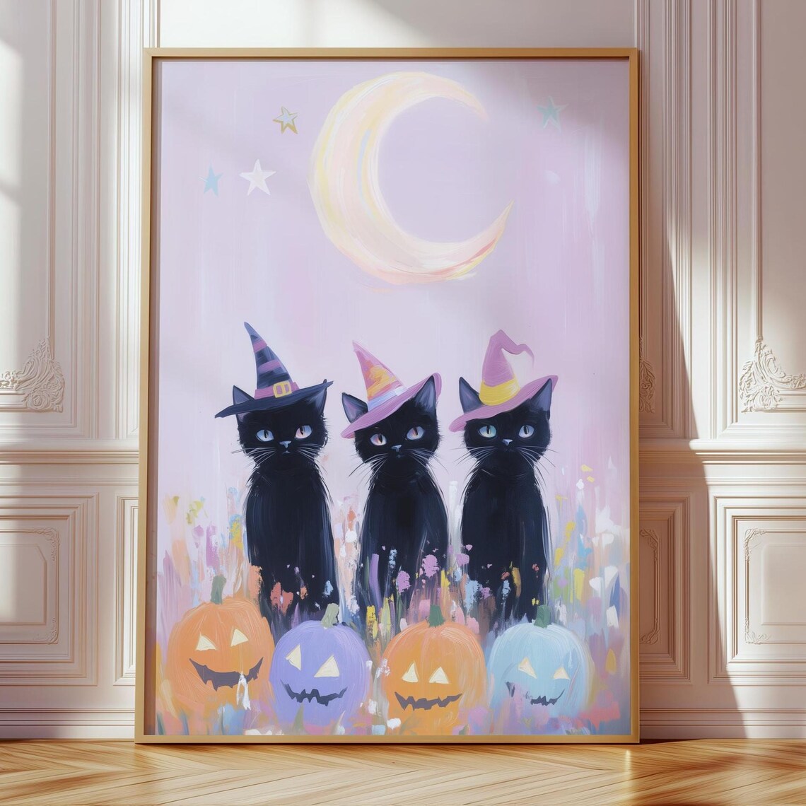 Three Black Cats Wall Art Witchy Halloween Pastel Coquette Pumpkin October Fall Crescent Moon Poster Print