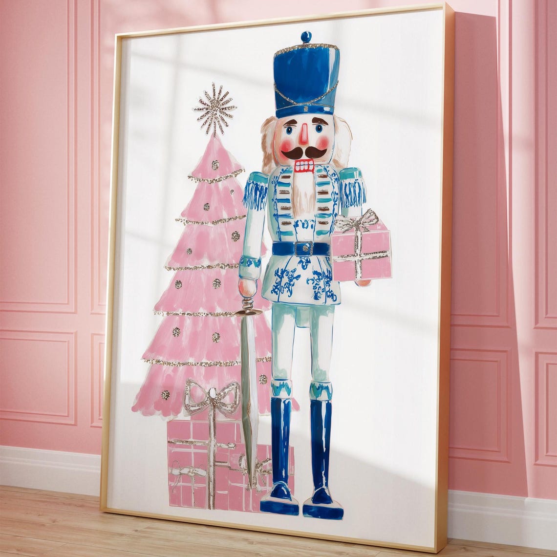 Blue And White Nutcracker Holding Pink Gift By Pink Tree Holiday Print