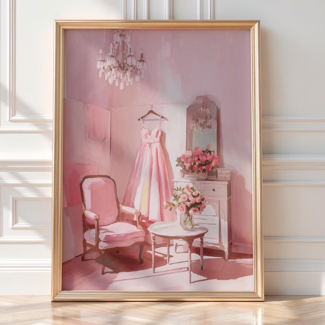 Coquette Pink Dressing Room With Chandelier Art Print