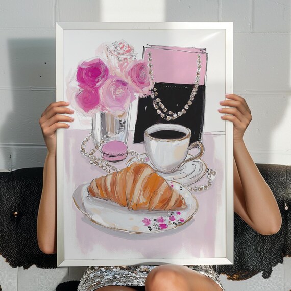 Parisian Breakfast Fashion Poster Croissant Coffee Pink Roses Still Life