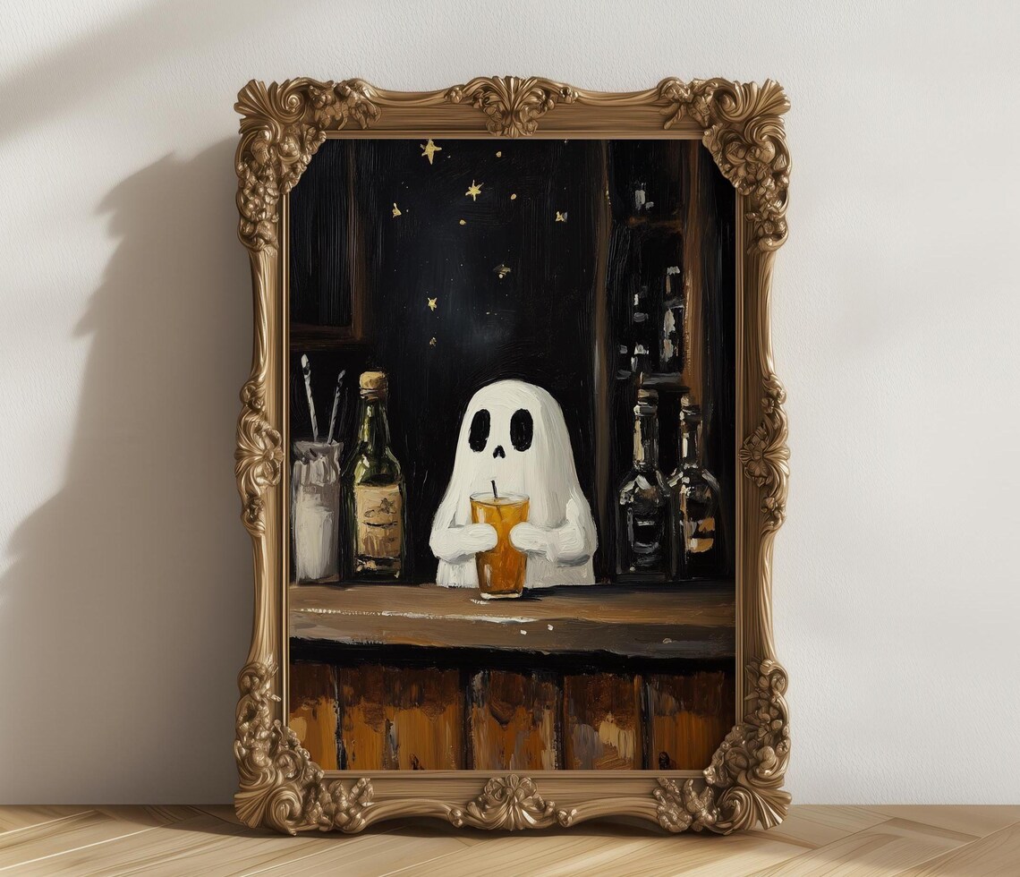 At A Bar Wall Art Print Spooky Cute Halloween Decor Dark Artwork October Poster Autumn Fall Printout