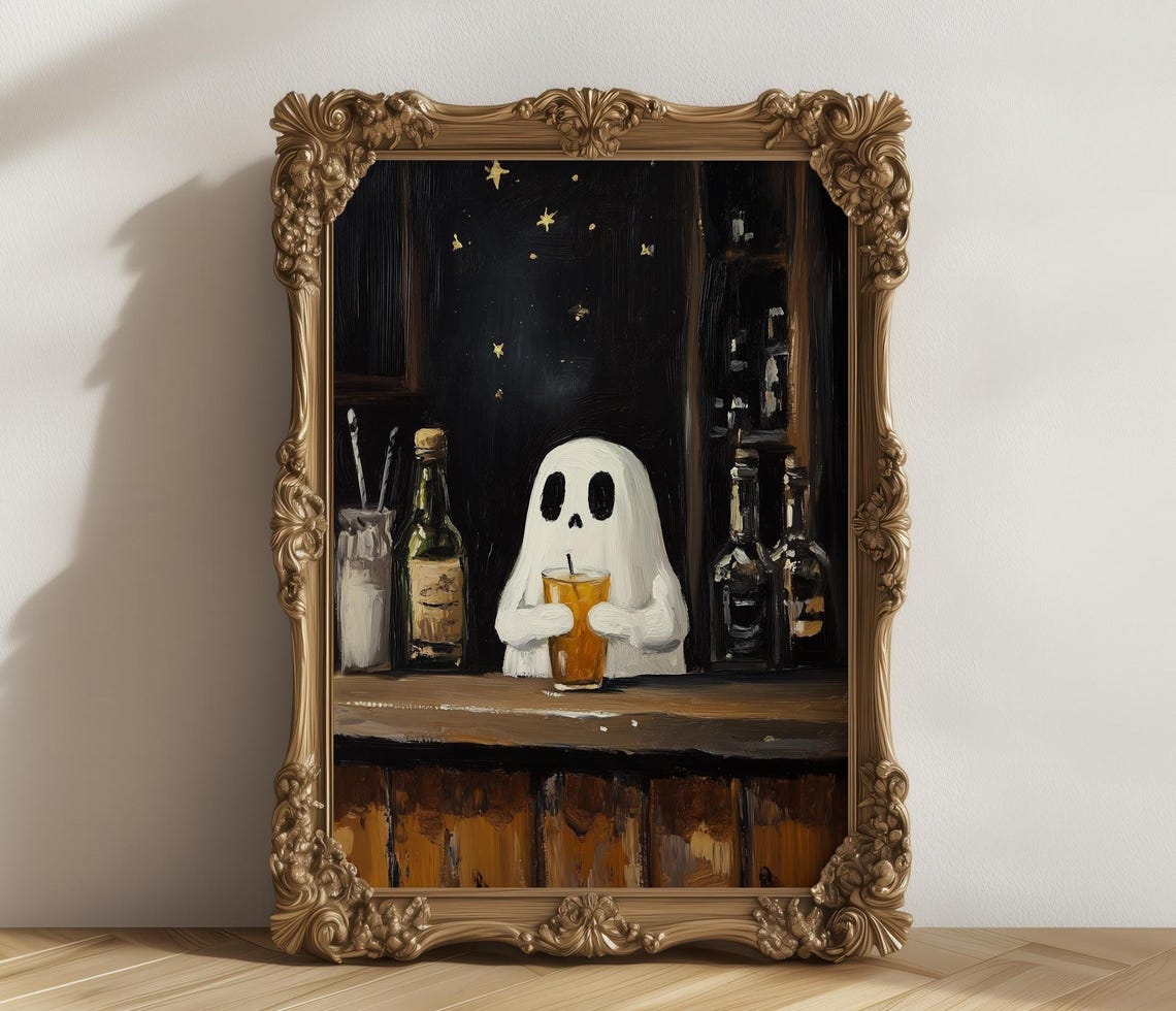 Ghost At A Bar Spooky Cute Halloween Drink Dark Moody Poster