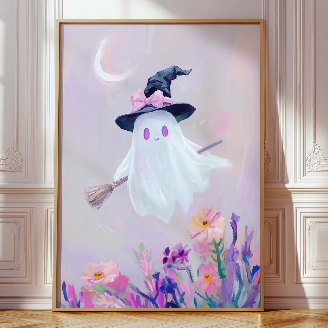 Flying Witch Poster Print, Pastel Halloween Coquette