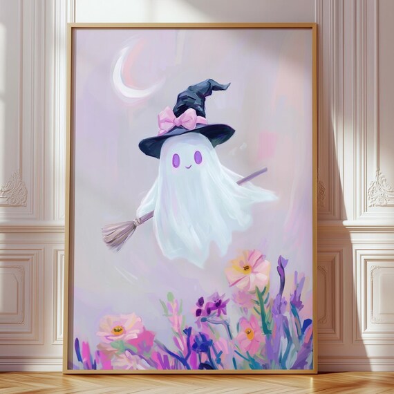 Flying Witch Poster Print, Pastel Halloween Coquette