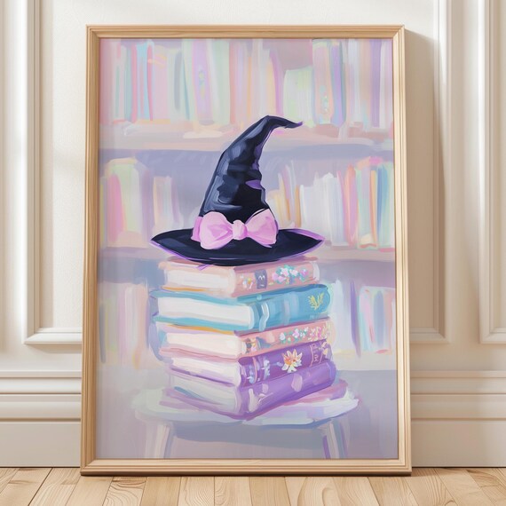 Witch Hat On Books Wall Art Halloween Coquette Decor Pastel Spooky Cute Girly Witchy Home Print