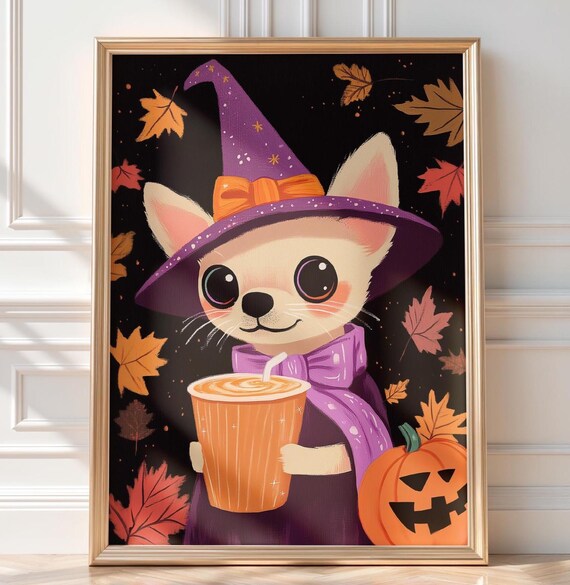 Halloween Chihuahua Witch Pumpkin Spice Latte Fall October Autumn Leaves Poster Orange Purple Art