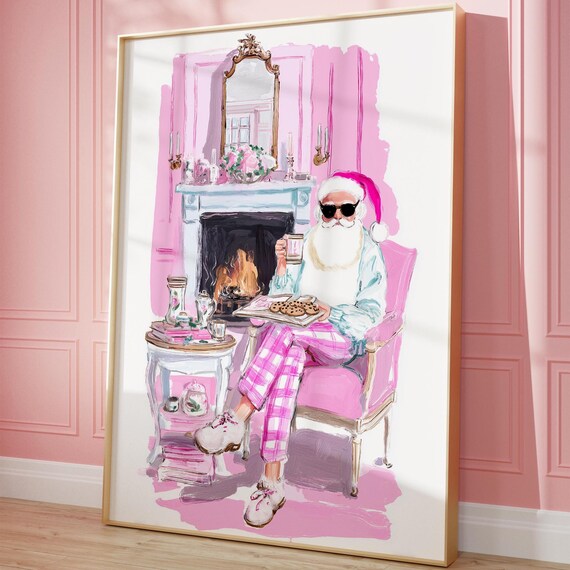 Cool Santa Sunglasses Christmas Art Print Modern Pink Fireplace Holiday