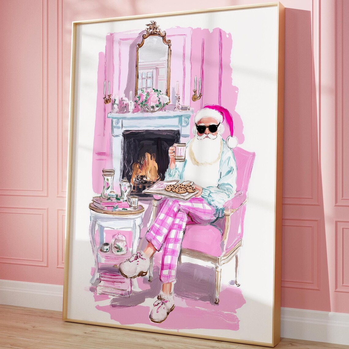Cool Santa Sunglasses Christmas Art Print Modern Pink Fireplace Holiday