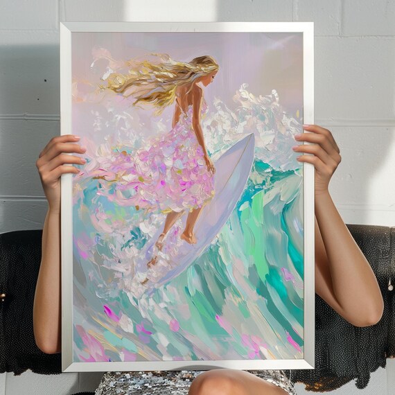 Surfer Girl Pink Floral Dress Pastel Ocean Wave Surf Art Poster