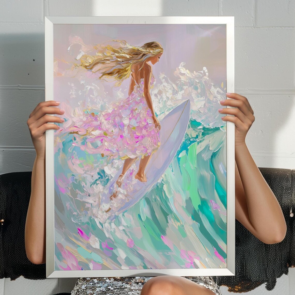 Surfer Girl Pink Floral Dress Pastel Ocean Wave Surf Art Poster