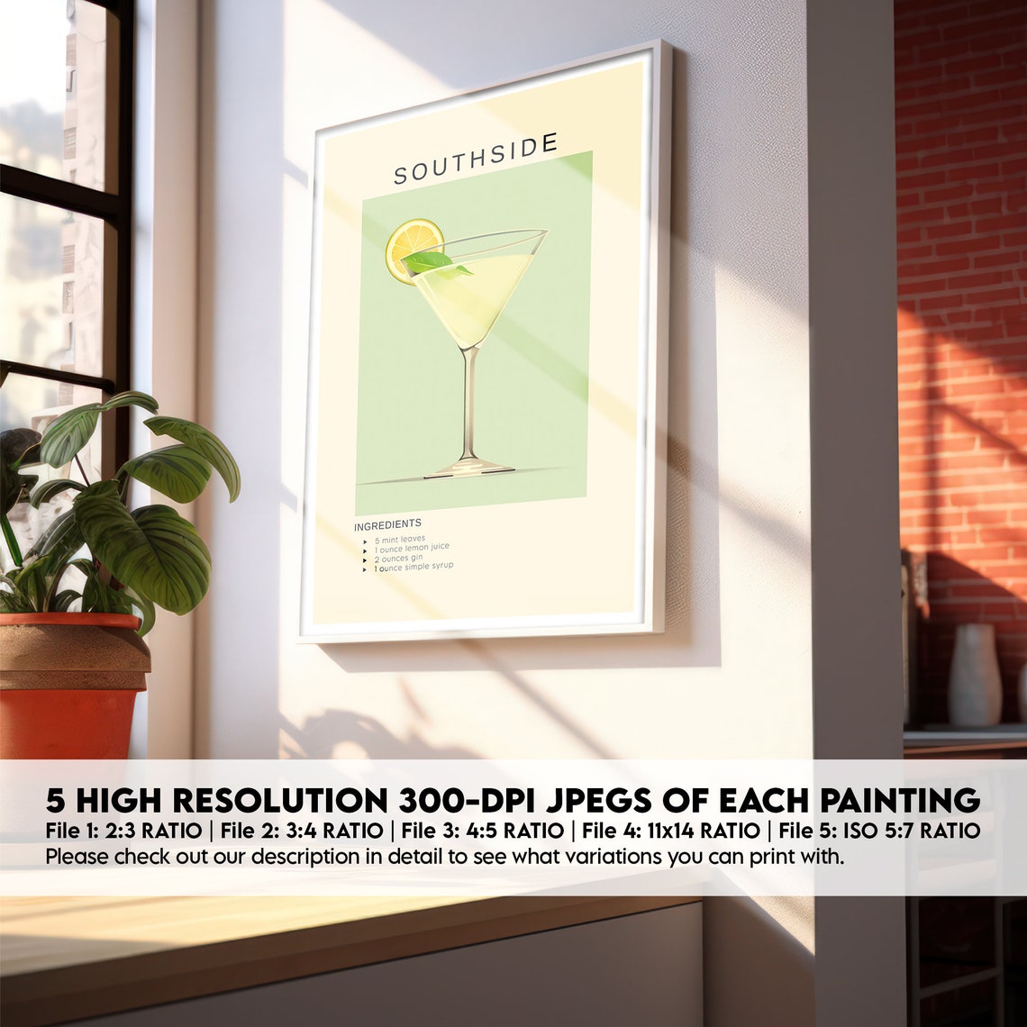 Southside Gin Mint Cocktail Recipe Elegant Martini Glass Poster - Image 2