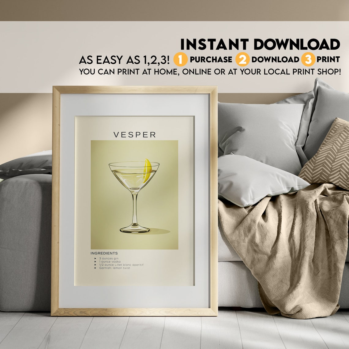 Vesper Gin Cocktail Recipe Minimalist Bar Cart Kitchen Poster - Image 3