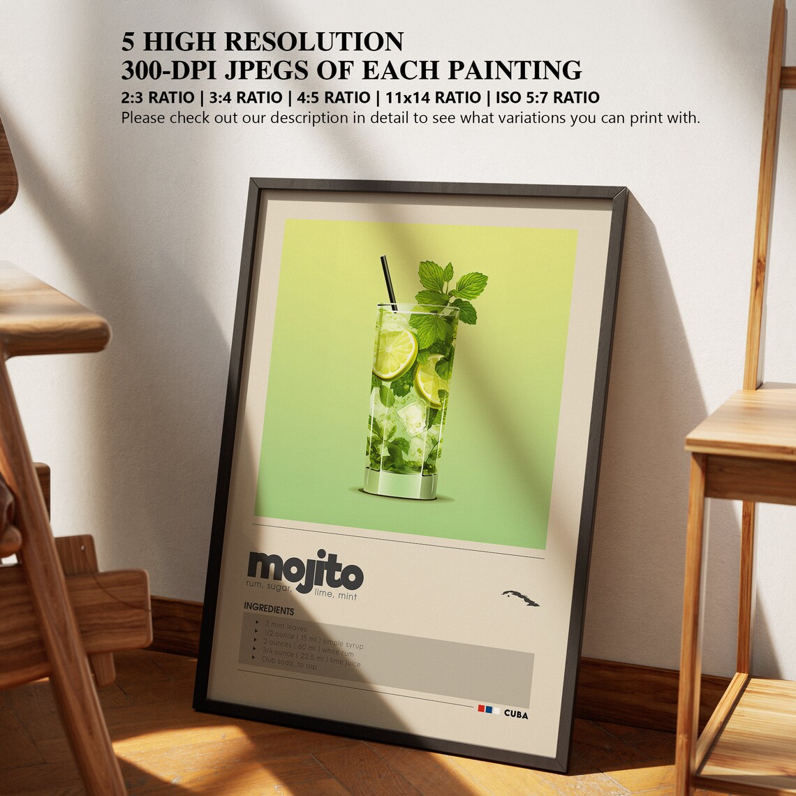Mojito Cuban Rum Mint Lime Cocktail Recipe Vintage Bar Poster - Image 2