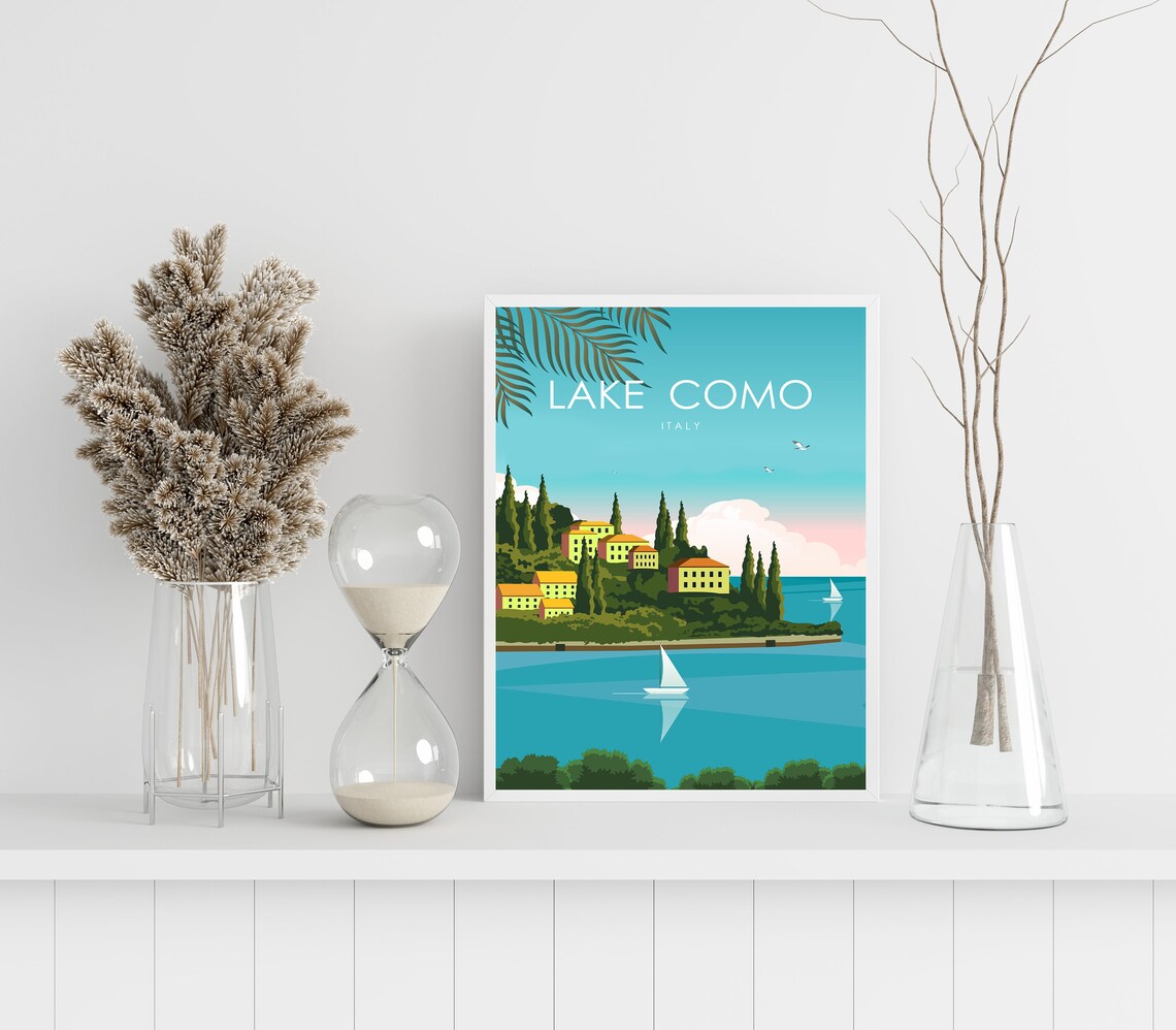 Lake Como Italy Island Town Cypress Trees Sailboat Travel Poster - Image 2